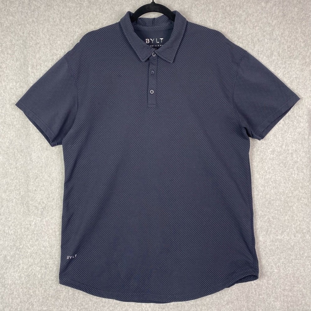 BYLT Shirt Mens XL Navy Blue Polka Dot Drop Cut Short Sleeve Polo